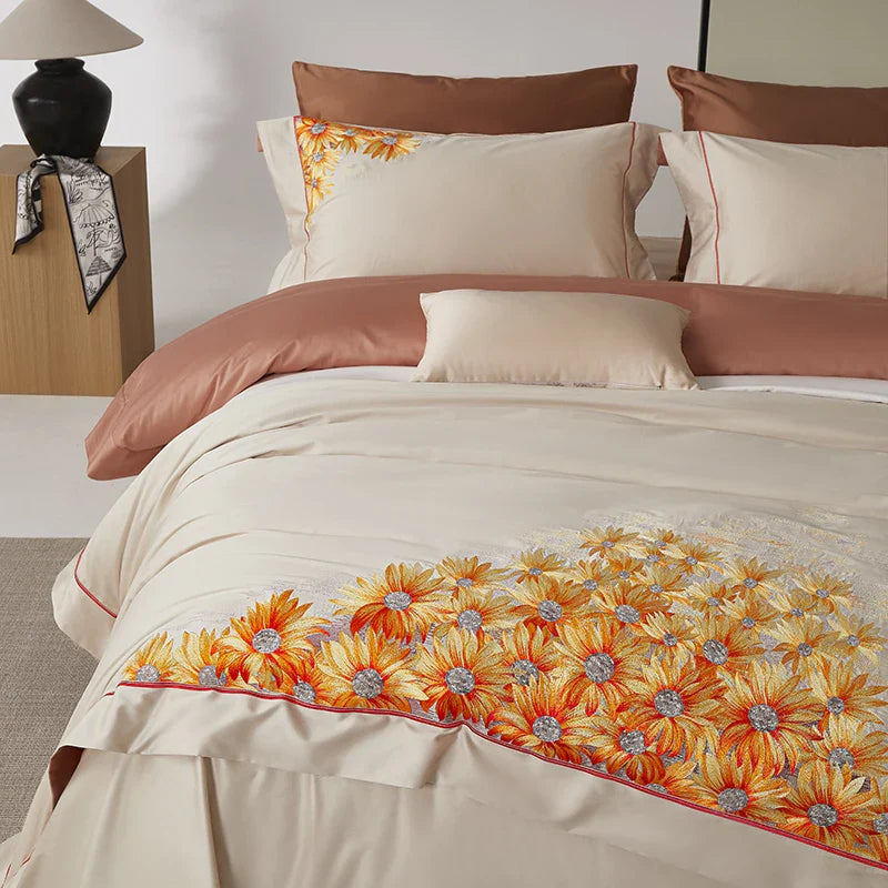 Afralia™ Sunflower Embroidery Bedding Set - Duvet Cover, Bed Sheet, Pillowcases Home Textiles