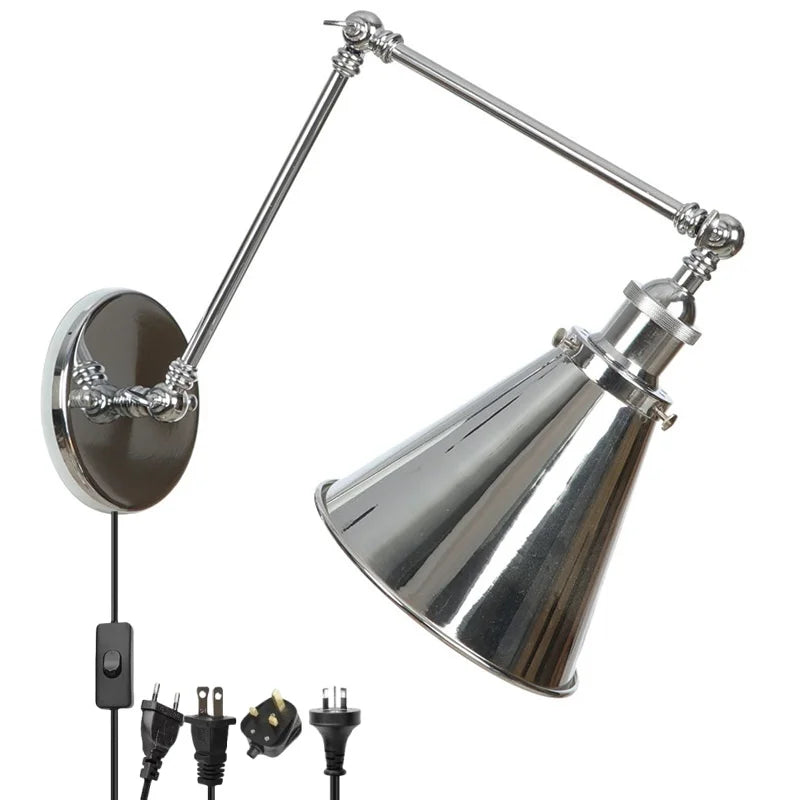 Afralia™ Silver Iron LED Swing Arm Wall Lights, Industrial Style, Plug-In, Stair & Bedside Lamp