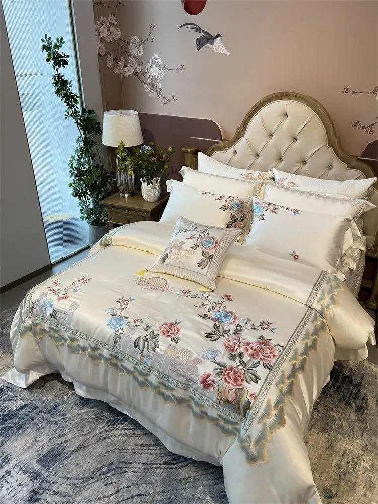 Afralia™ Luxe Peony Embroidered Bedding Set with Egyptian Cotton, Duvet Cover, Sheet, Pillowcase