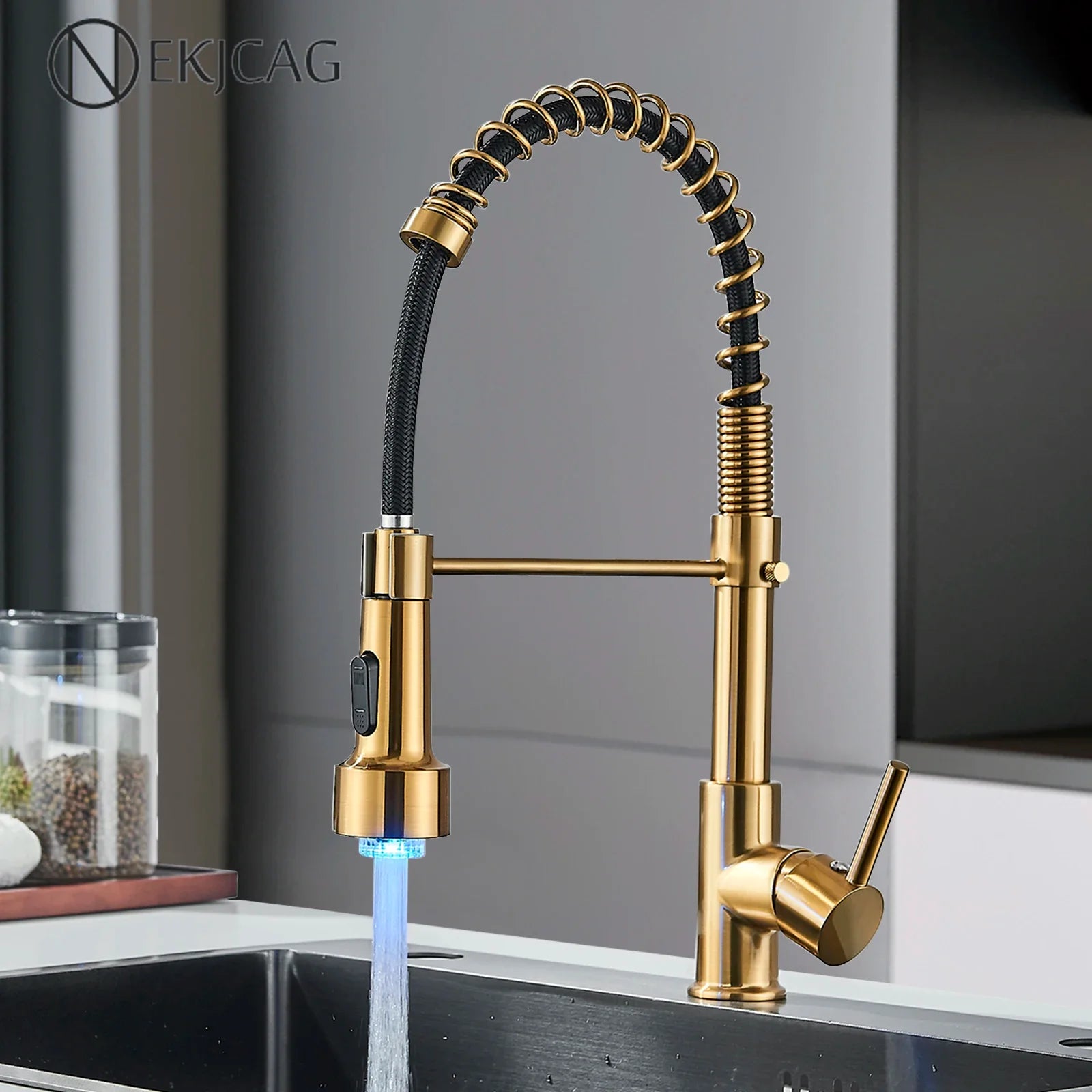 Afralia™ Brushed Gold LED Kitchen Faucet: Single Handle Pull-down Spring Sink Tap