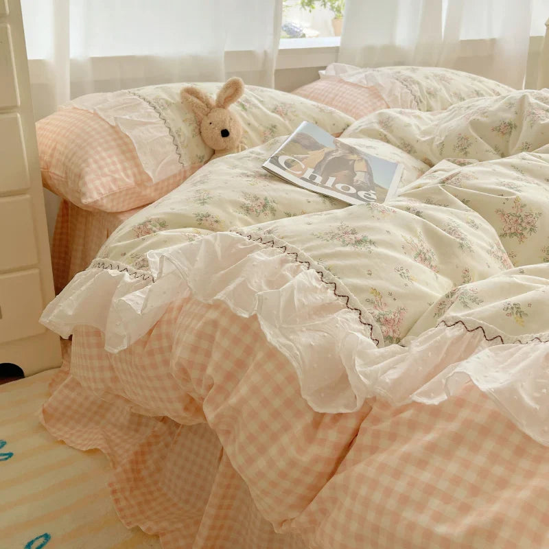Afralia™ Cotton Small Florals Princess Bedding Set - Queen Size - Duver Cover Bed Sheet Bed Skirt Pillowcases