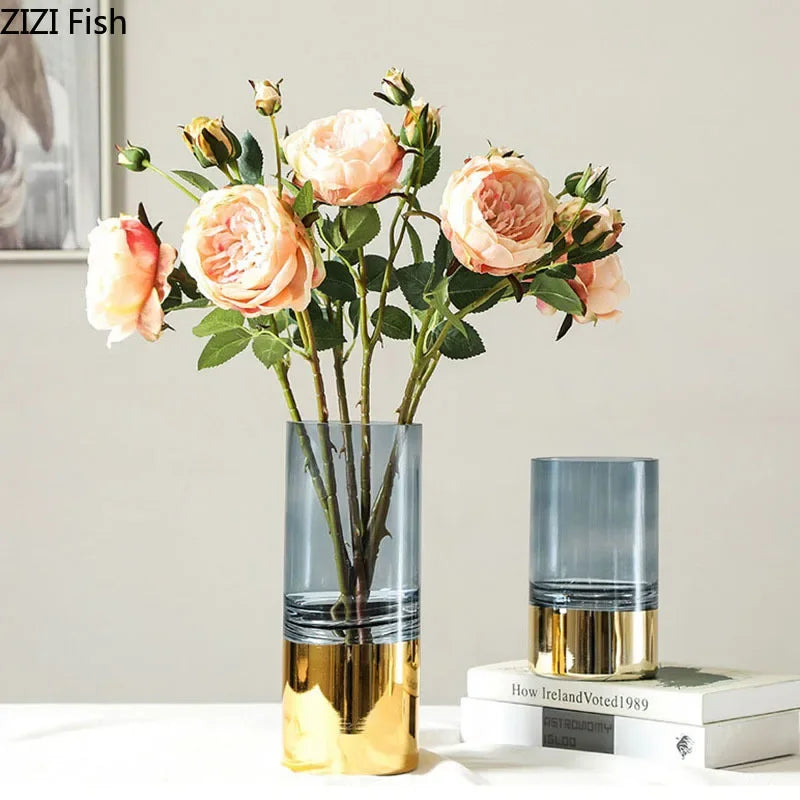 Afralia™ Gold Glass Vase Clear Desk Decor Hydroponic Floral Arrangement Bud Flower Pot