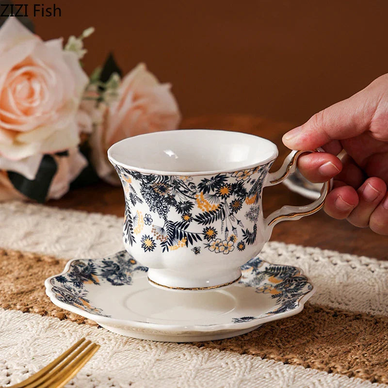 Afralia™ Blue & White Porcelain Classic Coffee Mug Set Gold Rim Tea Cup Saucer