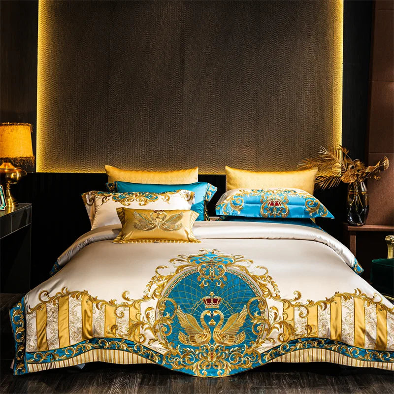 Afralia™ Embroidered Gold Blue Brocade Cotton Bedding Set with Duvet Cover, Sheets, Pillowcases