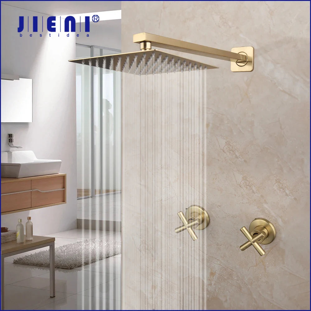 Afralia™ Brushed Gold Rainfall Shower Faucet Set with Dual Handles and Wall Mount