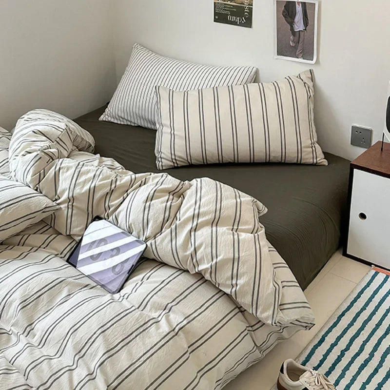 Afralia™ Nordic Striped Cotton Bed 4Pcs Fitted Sheet Set - Breathable & Skin-Friendly