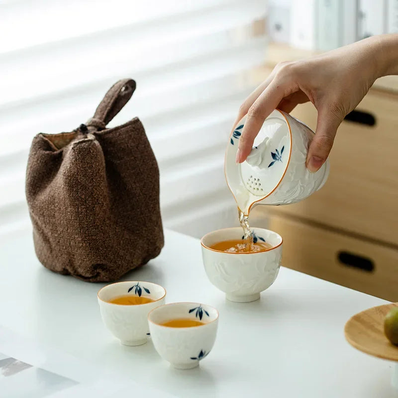 Afralia™ Hand-Painted Butterfly Orchid Tea Set Kit Zen Pot Cups Tote Bag Craft