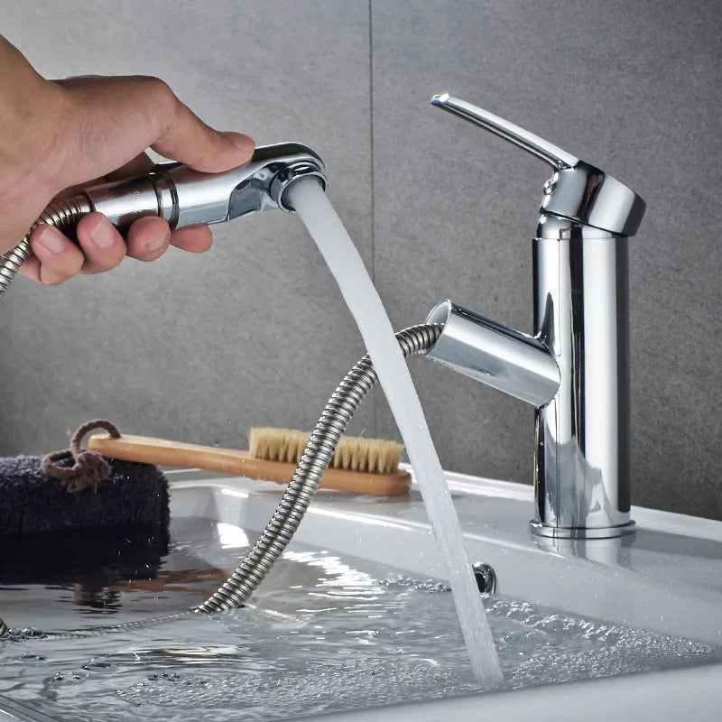 Afralia™ Pull Out Bathroom Basin Faucet Single Handle Hot Cold Mixer Tap