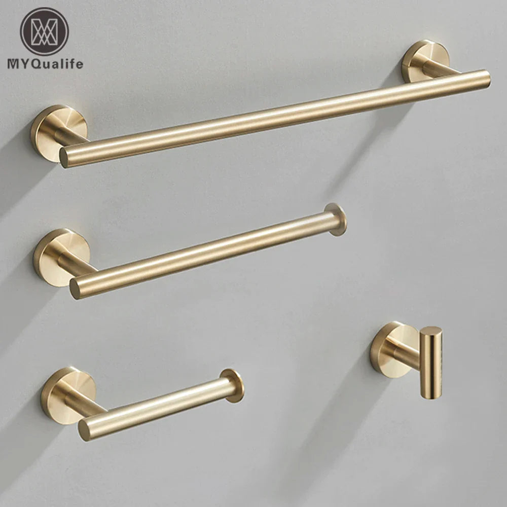Afralia™ Brushed Gold Bathroom Hardware Set: Towel Bar, Paper Holder, Robe Hook