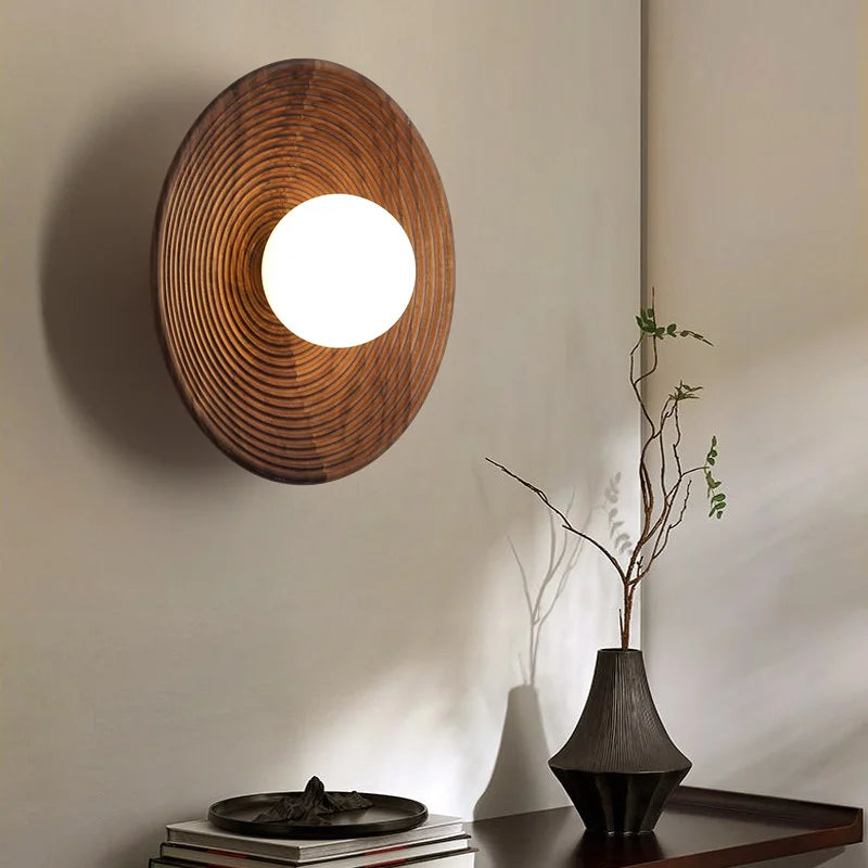 Walnut Circular LED Wall Lamp for Kitchen Bedroom, Afralia™ Vintage Wabi-sabi Light