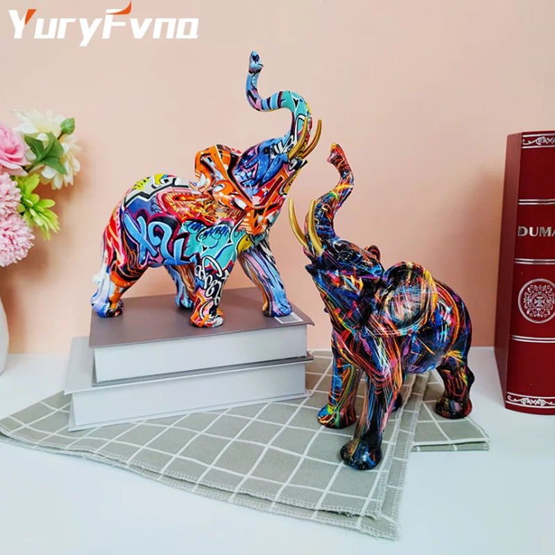 Afralia™ Elephant Sculpture: Nordic Painting Graffiti Resin Art Figurine & Home Decor Craft