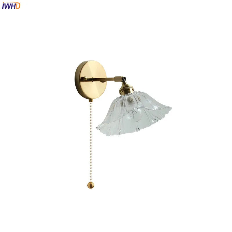 Afralia™ Glass Shade LED Wall Light with Pull Chain Switch - Plug-In Bedroom Lamp