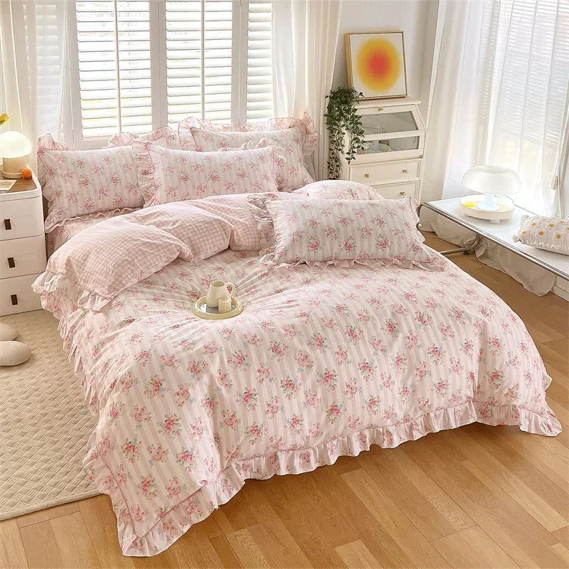 Afralia™ Floral Princess 100% Cotton Duvet Set for Queen Size Bed