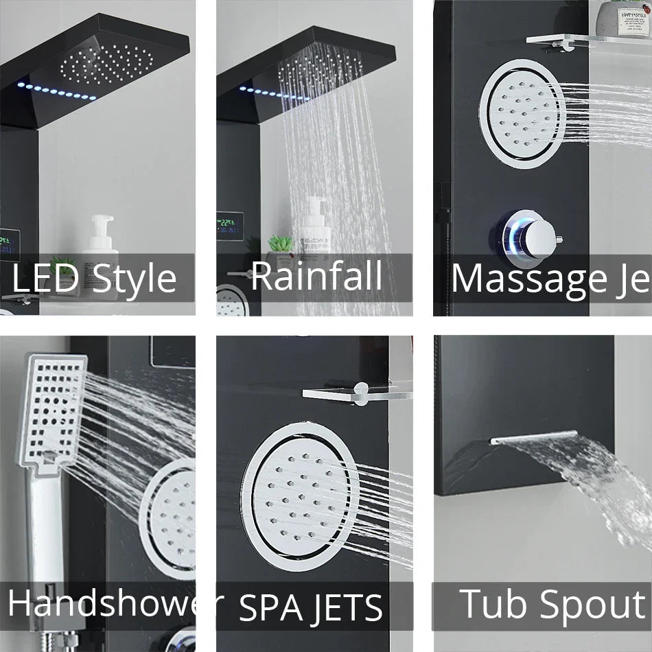 Afralia™ LED Rainfall Shower Panel Set with Temperature Screen System and Hand Sprayer