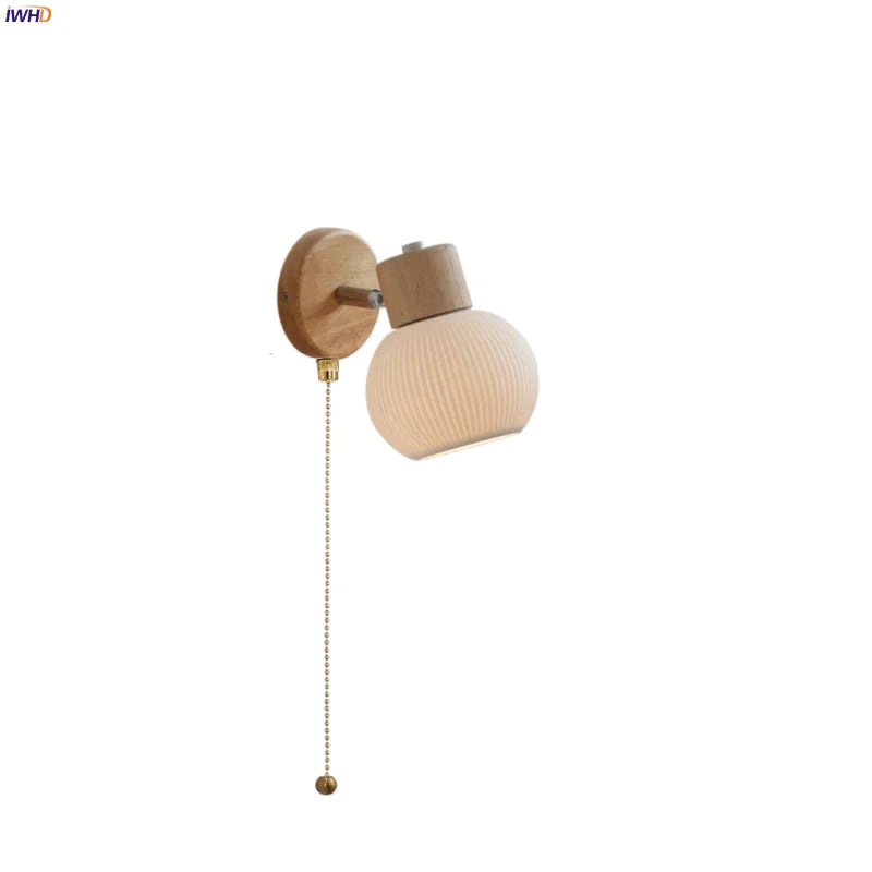 Afralia™ Ceramic LED Wall Lights with Pull Chain Switch, Modern Wood Base Bedside Lamp