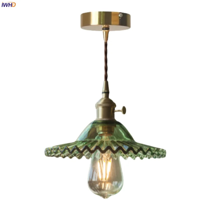 Afralia™ Green Brass Glass LED Pendant Light for Kitchen Cafe Bar Loft Decoration