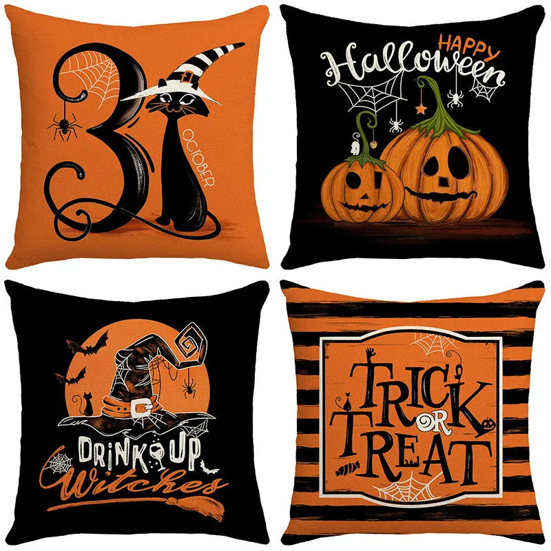Afralia™ Halloween Pillowcase Set - Festive Sofa Cushion Covers with Pumpkin Cat Witch Hat Print.