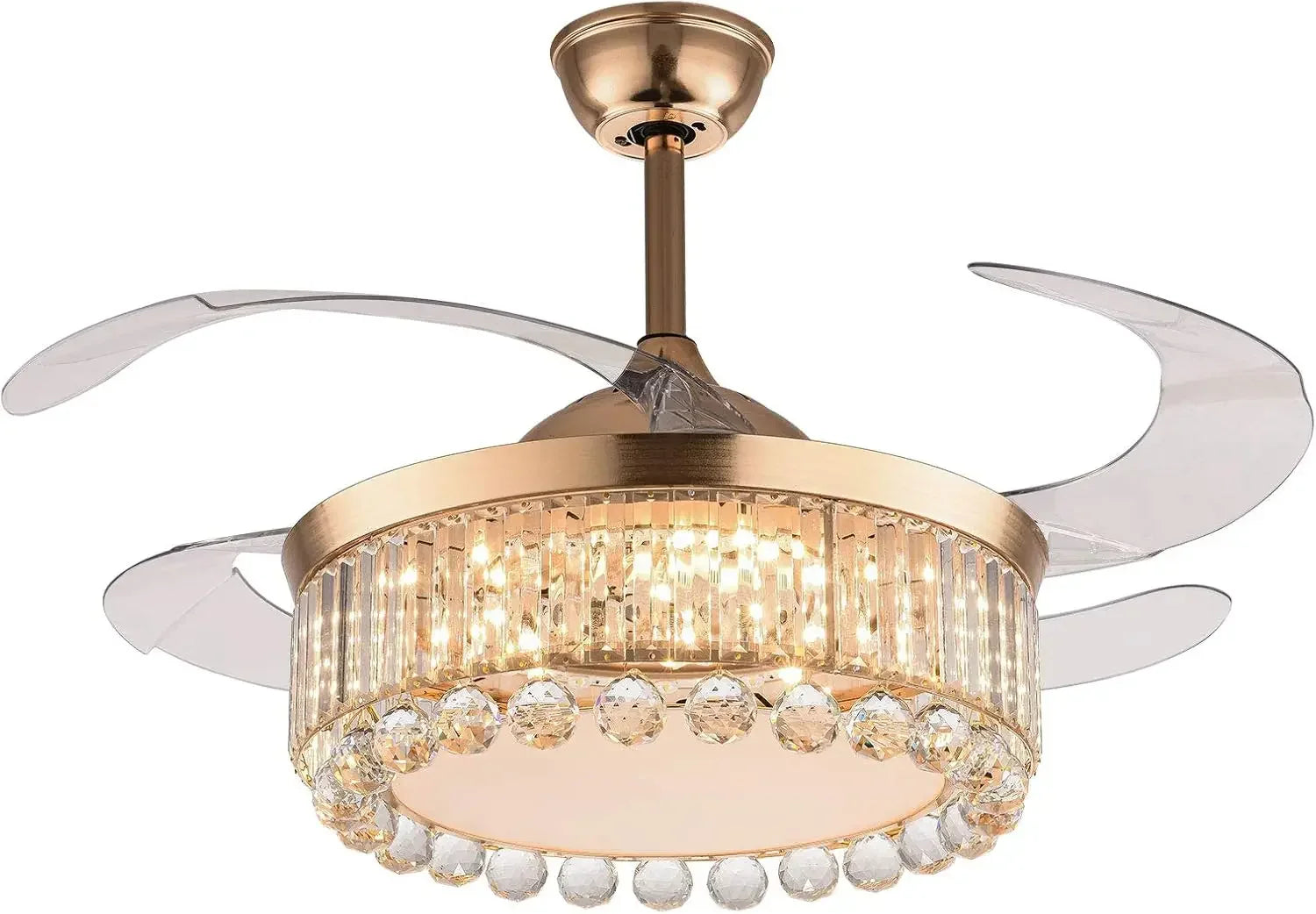 Afralia™ Gold Crystal Ceiling Fan Lights with Remote Control and Retractable Blade