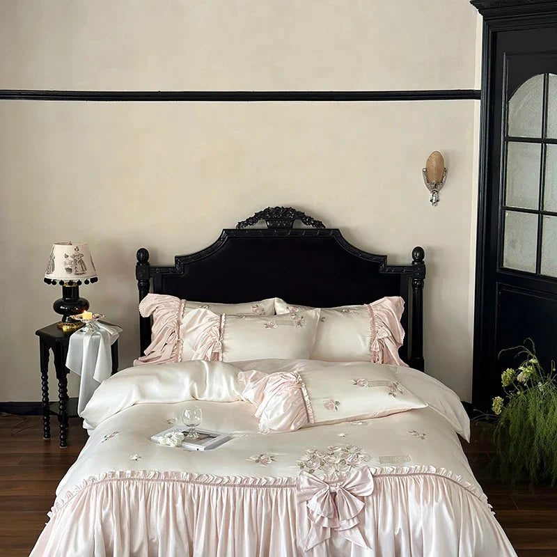 Afralia™ French Bow Ruffle Flower Embroidery Bedding Set - Luxury Lyocell Cotton