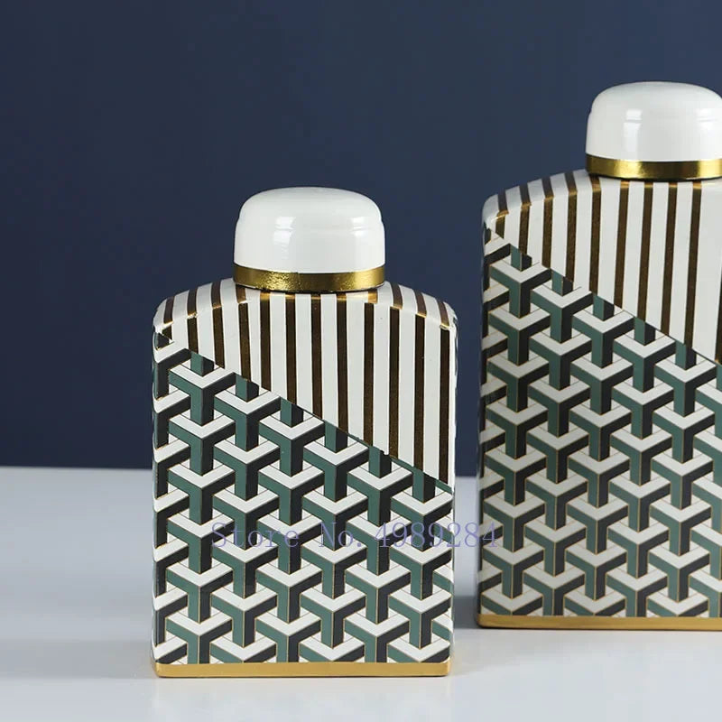 Afralia™ Retro Golden Ceramic Jar Vase Handicraft Square Cover Geometry Decor