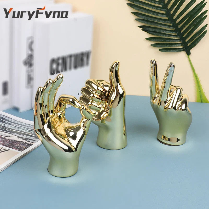 Afralia™ Nordic Gold Plated Finger Art Sculpture Abstract Statue Ceramic DecorCrafts