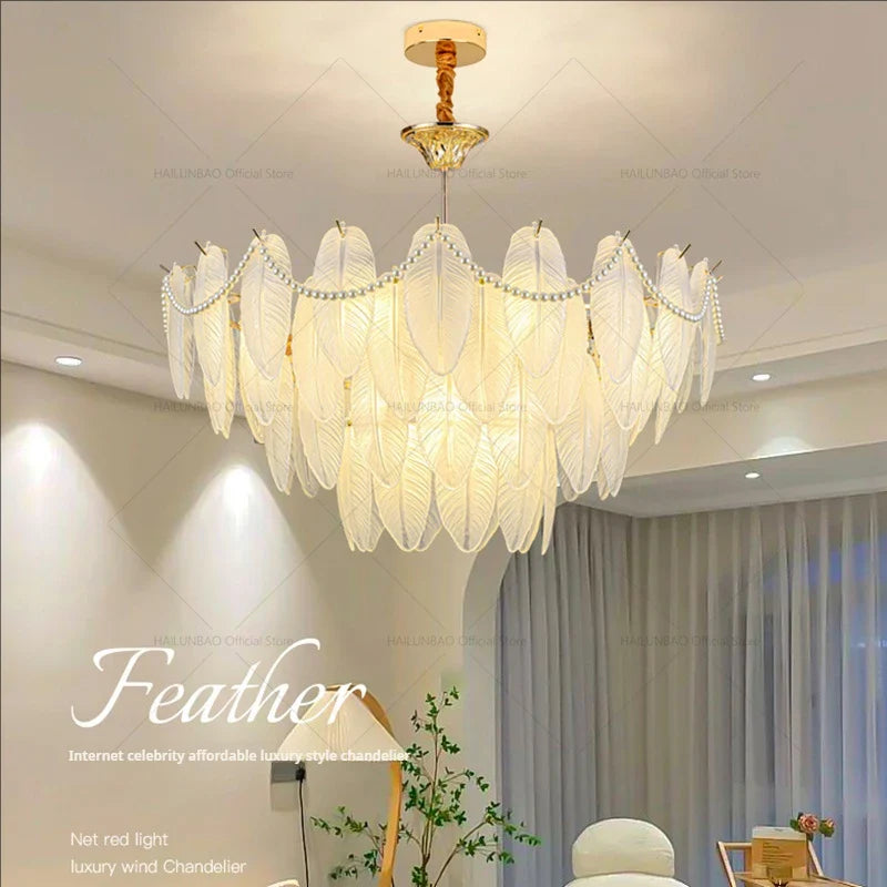 Afralia™ Cream Wind Feather Pearl Crystal Chandelier for Luxury Living Room and Bedroom