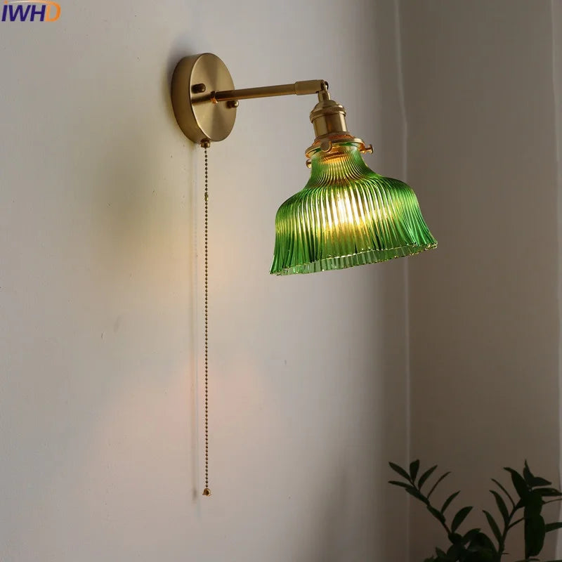 Afralia™ Retro Copper Glass LED Wall Lamp with Pull Chain Switch for Living Room