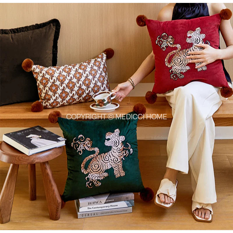 Afralia™ Red Velvet Tiger Embroidered Pillowcase 45x45 - Luxe American Style