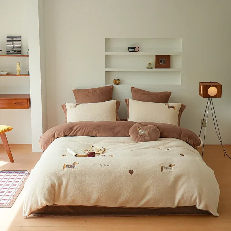 Afralia™ Embroidered Imitation Cashmere Bedding Set for Queen Bed Warm Winter Cozy Set