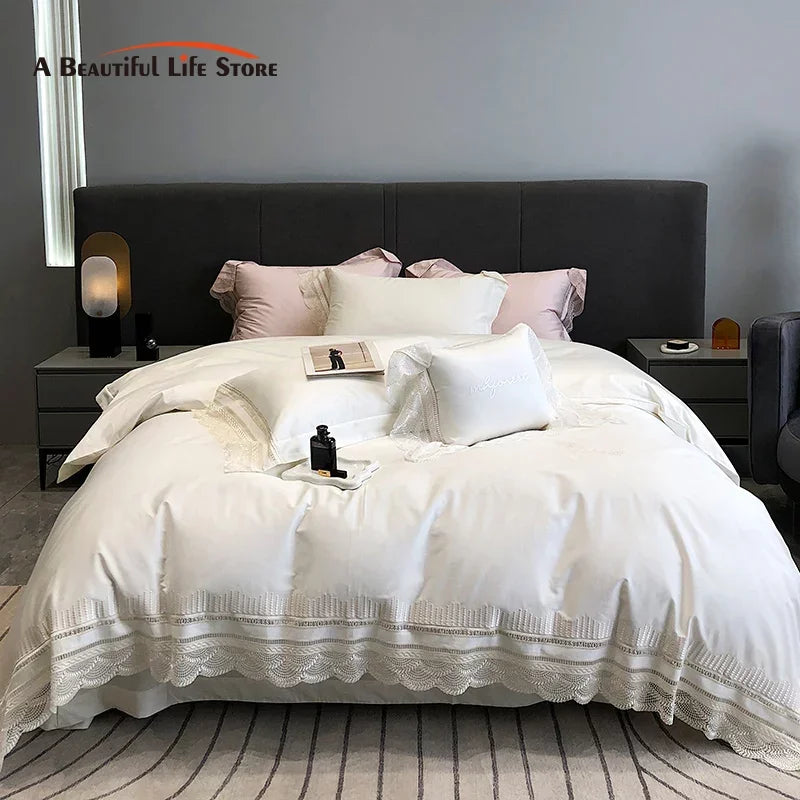 Afralia™ Lace Ruffle Bedding Set, 1000TC Egyptian Cotton, Luxury Princess Style
