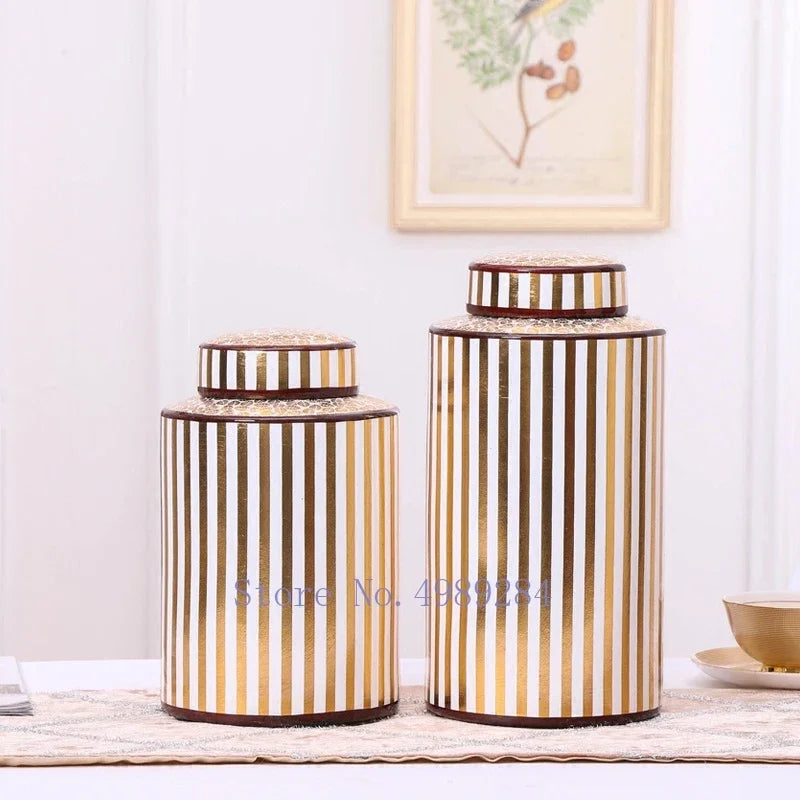 Afralia™ Golden Stripe Ceramics Vase with Cover, Modern Storage Jar for Home Decor