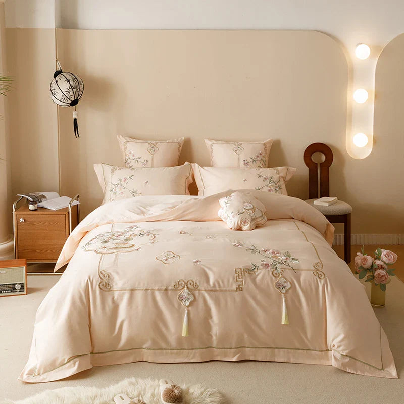 Afralia™ Luxe Flowers Embroidery 1000TC Egyptian Cotton Bedding Set with 2 Pillowcases