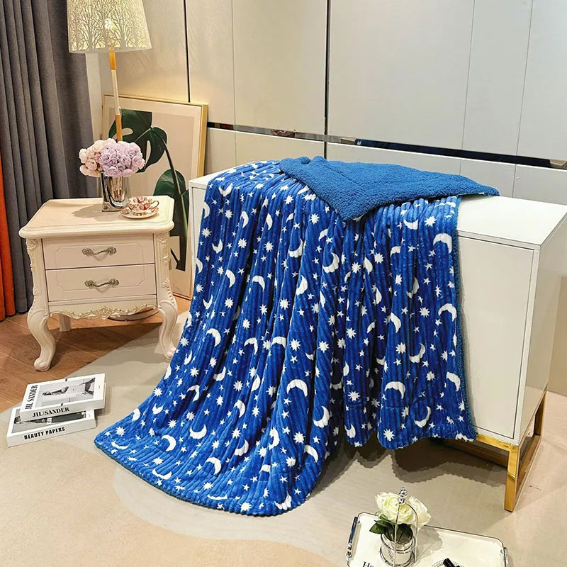 Afralia™ Star Moon Striped Fleece Blanket: Double Layer Flannel for Office Nap & Air Conditioning