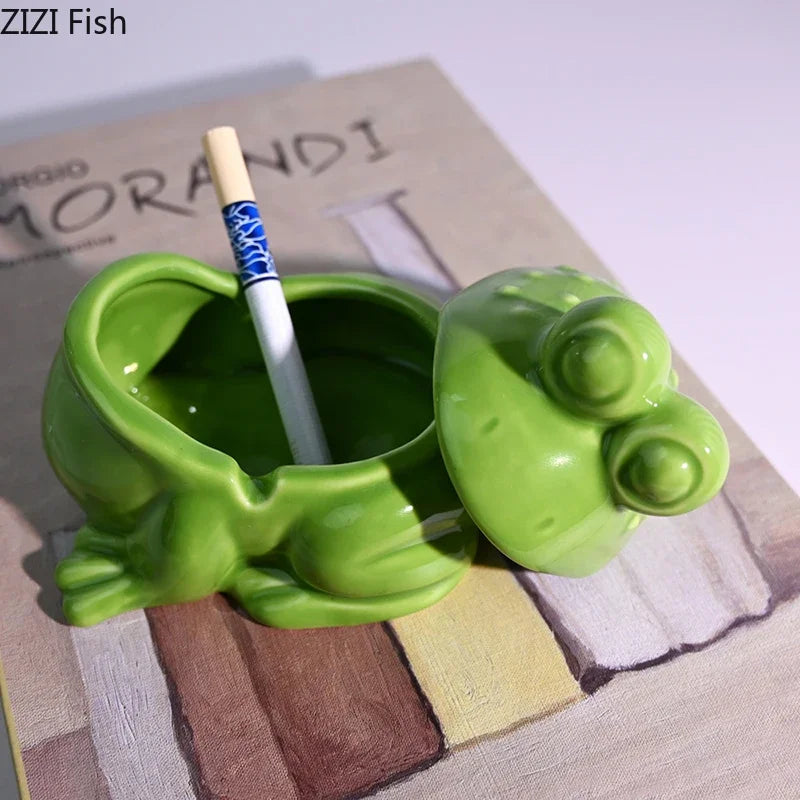 Frog Ceramic Ashtray with Lid - Afralia™ Desk Decoration & Smoking Accessories