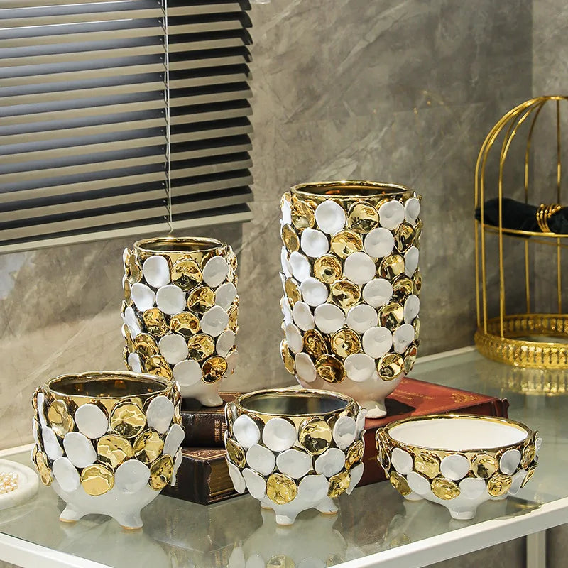 Afralia™ Geometric Gold Leaf Relief Ceramic Vase - Elegant Hand-Appliqued Flower Pot Home Decor