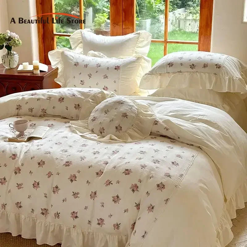 Afralia™ Vintage Floral Print Ruffled Bedding Set: Duvet Cover, Sheet, Pillowcases