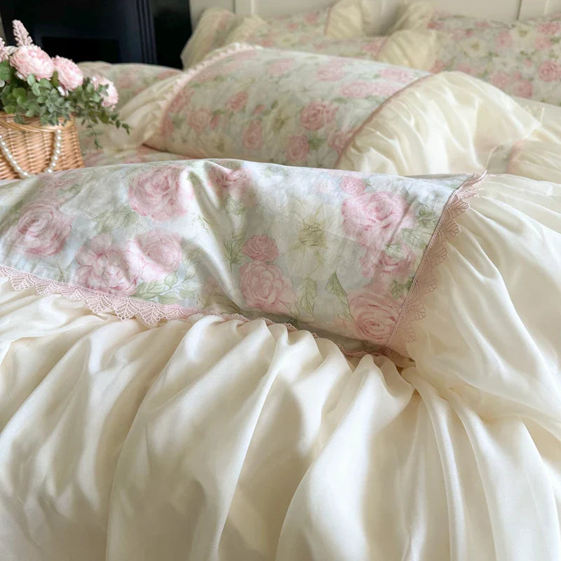 Afralia™ French Lace Ruffles Vintage Bedding Set in 100% Cotton, Single Queen King Size