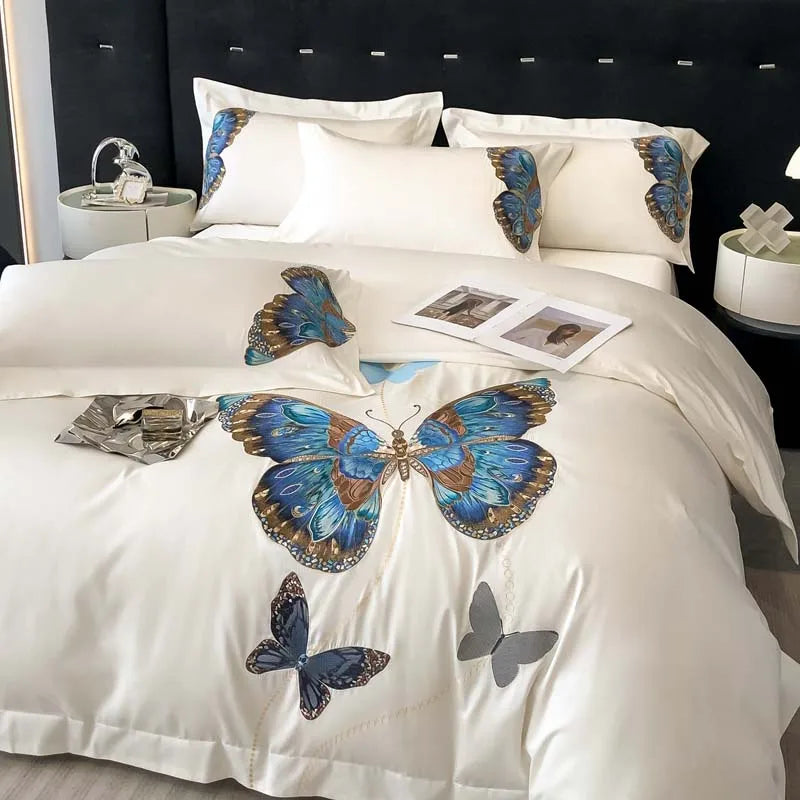 Afralia™ Luxury Butterfly Embroidery Bedding Set, Egyptian Cotton, Queen King, White