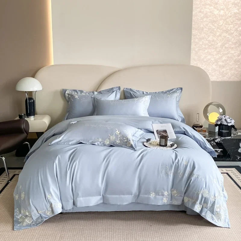 Afralia™ Embroidery Cotton Bedding Set: King Queen Europe Sheet Duvet Cover Pillowcase Bed Linens