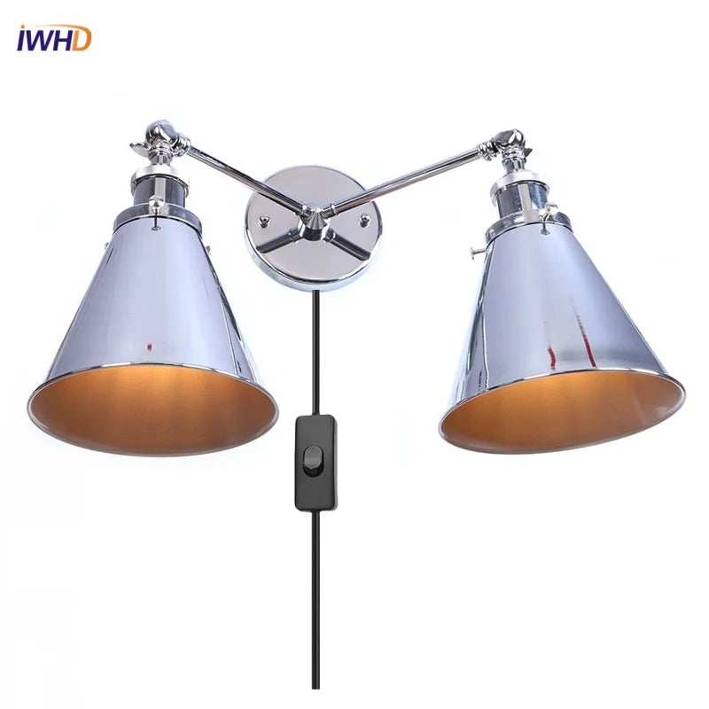 Afralia™ Loft Plug-in LED Wall Lamps Industrial Silver Vintage 2 Heads Lighting