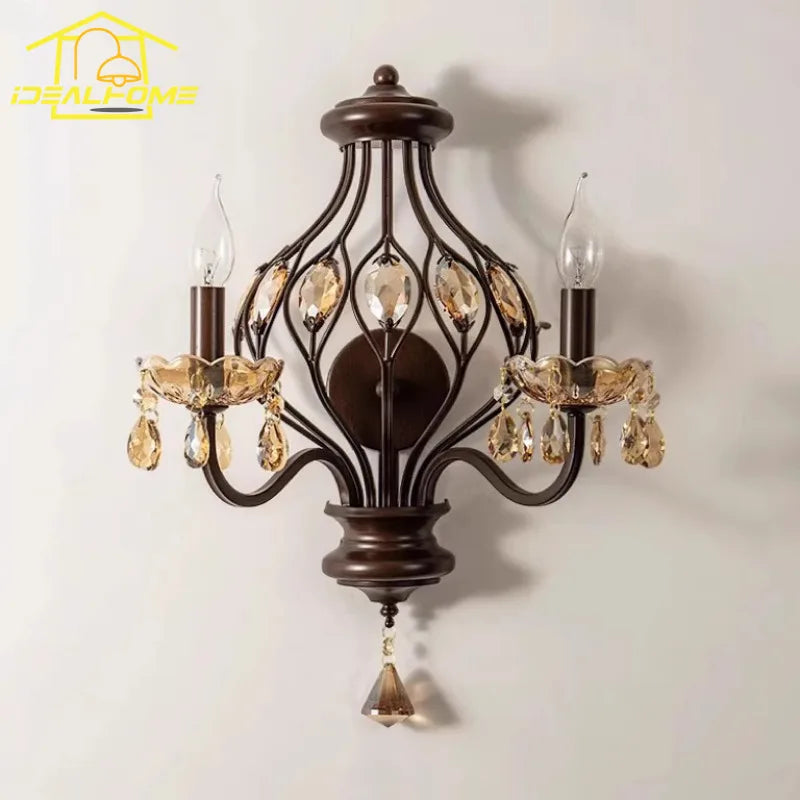 Afralia™ Crystal Candle Wall Lamp LED E14 Iron Art Living Room Bedroom Bar