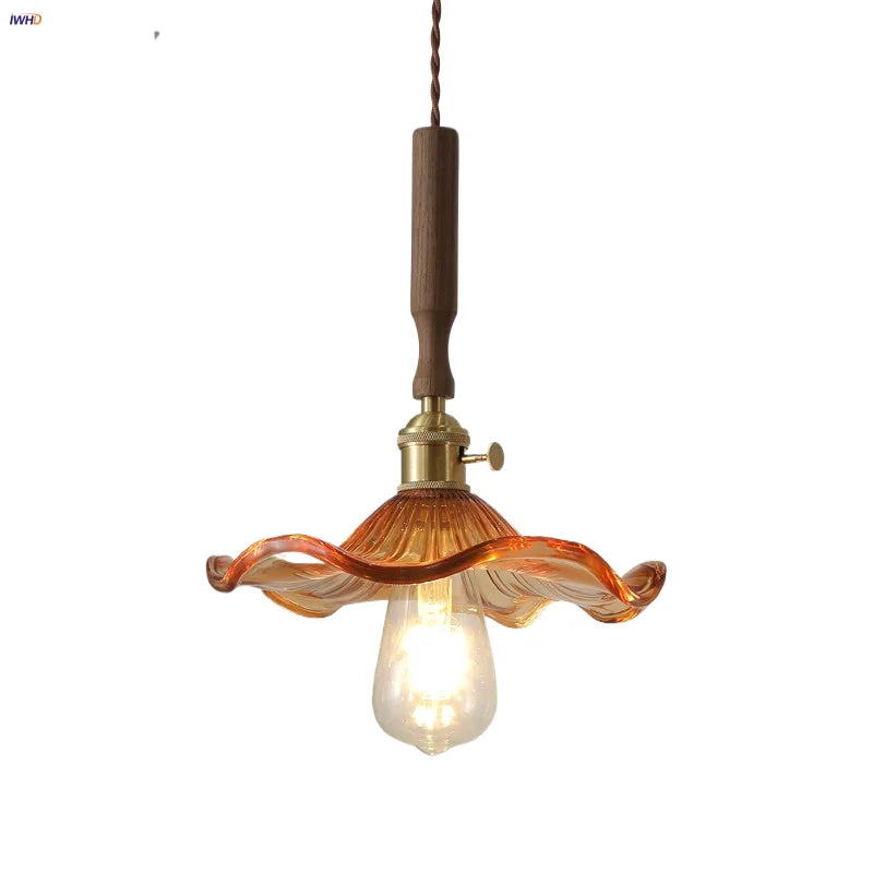 Afralia™ Amber Glass LED Pendant Light, Nordic Modern Design, Walnut Wood, Dining Living Room Lighting