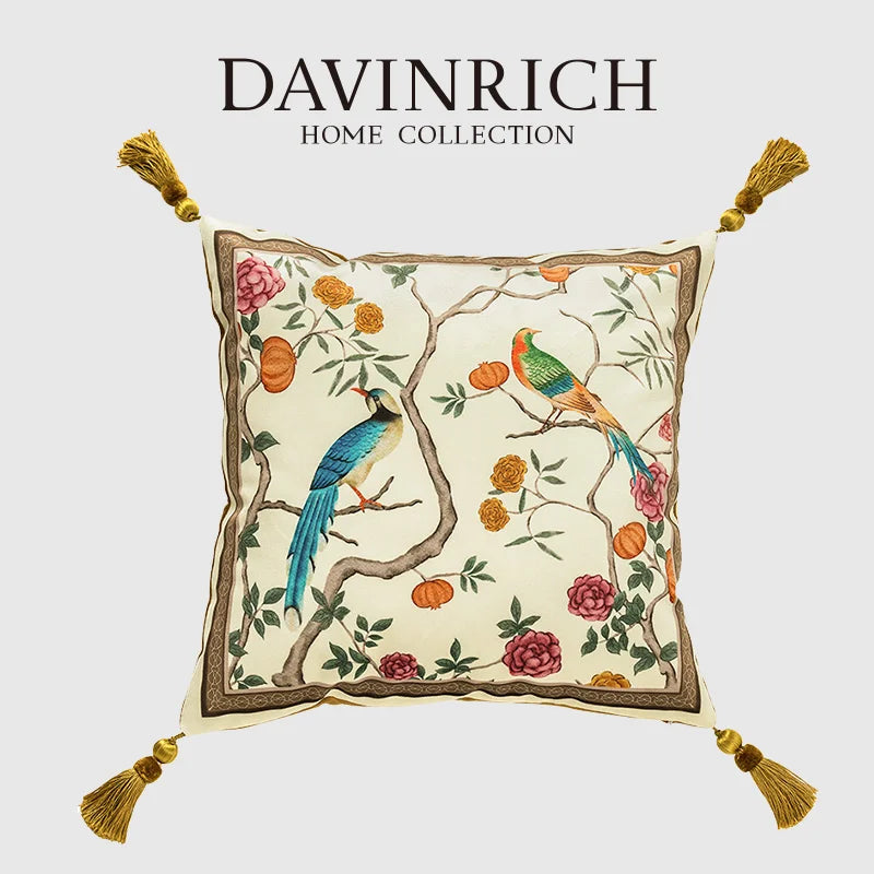 Afralia™ Velvet Floral Birds Cushion Cover with Tassels