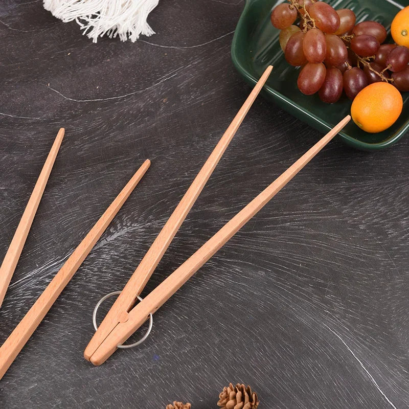 Afralia™ Wooden Food Tongs BBQ Salad Pasta Clamps Steak Bread Clips Kitchenware