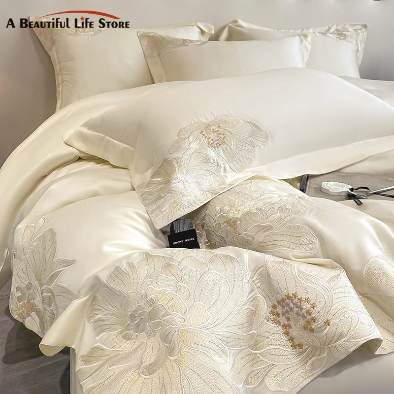 Afralia™ White Egyptian Cotton Flowers Embroidery Bedding Set | 600TC Duvet Cover, Sheet, Pillowcase