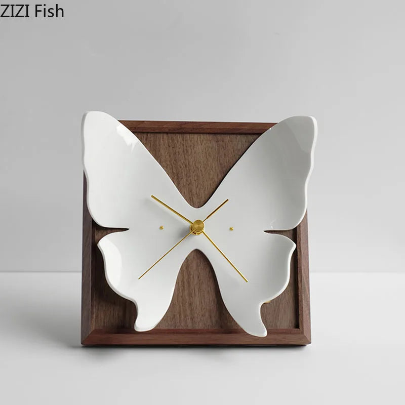 Afralia™ White Butterfly Table Clock - Silent Sweep Needle, Wood Frame Wall-mounted Timepiece