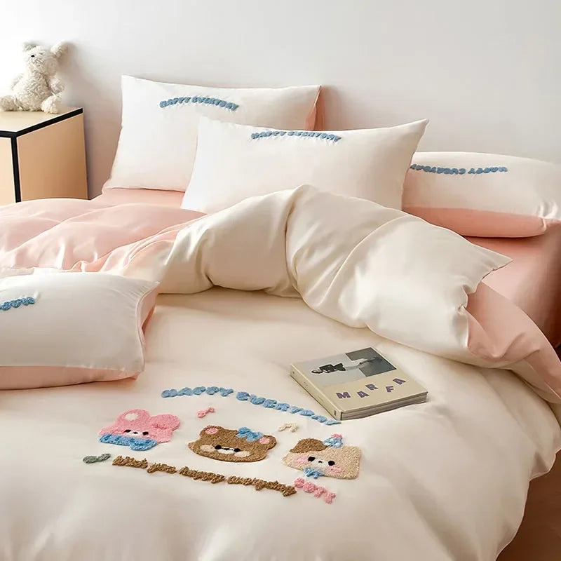 Afralia™ Cartoon Embroidered Cotton Bedding Set with Ice Silk Cooling Technology