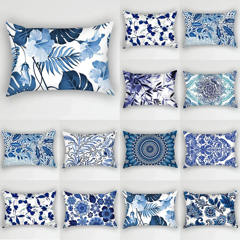Bohemia Blue Flower Polyester Pillowcase - Retro Ink Leaves Plant Cushion Cover - Afralia™