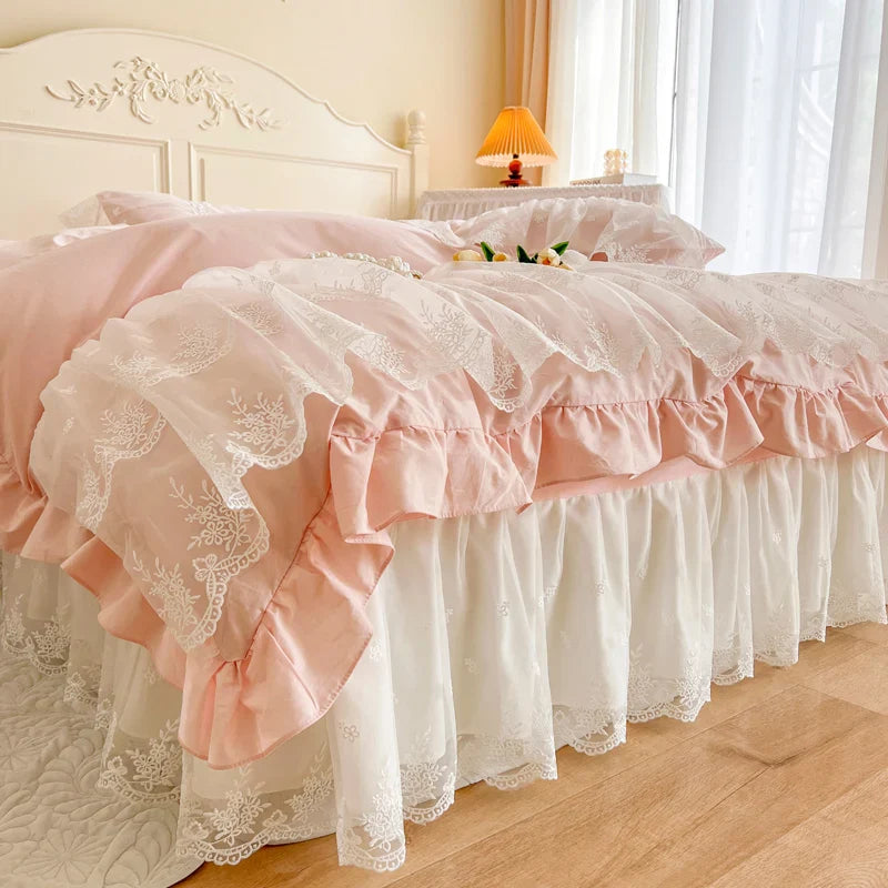Afralia™ French Princess Lace Ruffles Bedding Set, 100% Cotton, Pink Romantic Theme