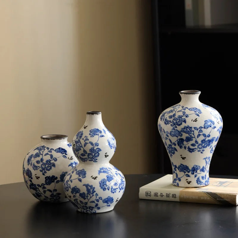 Afralia™ Blue & White Porcelain Gourd Teapot Vase - Chinese Retro Flower Arrangement Accessories